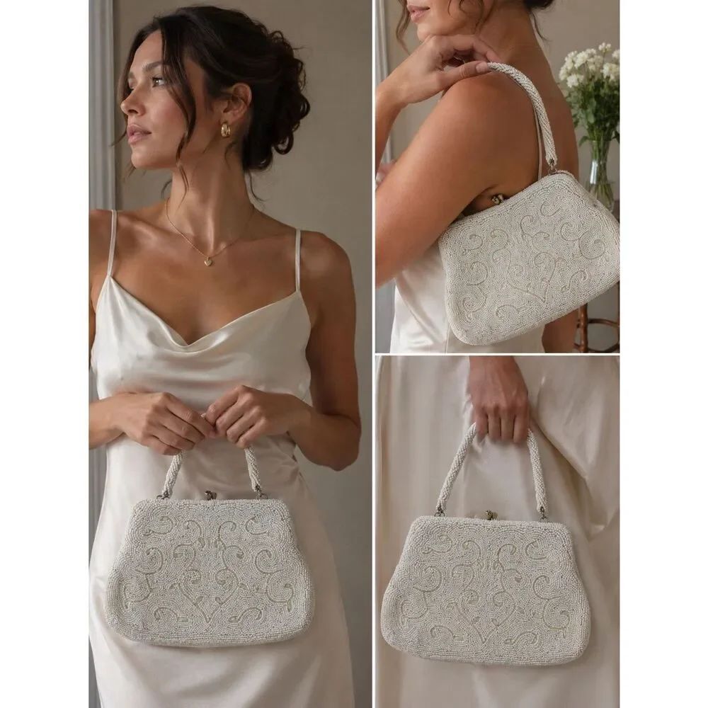 Vintage White Beaded Evening Bag Made in Japan Pearl Bridal Purse